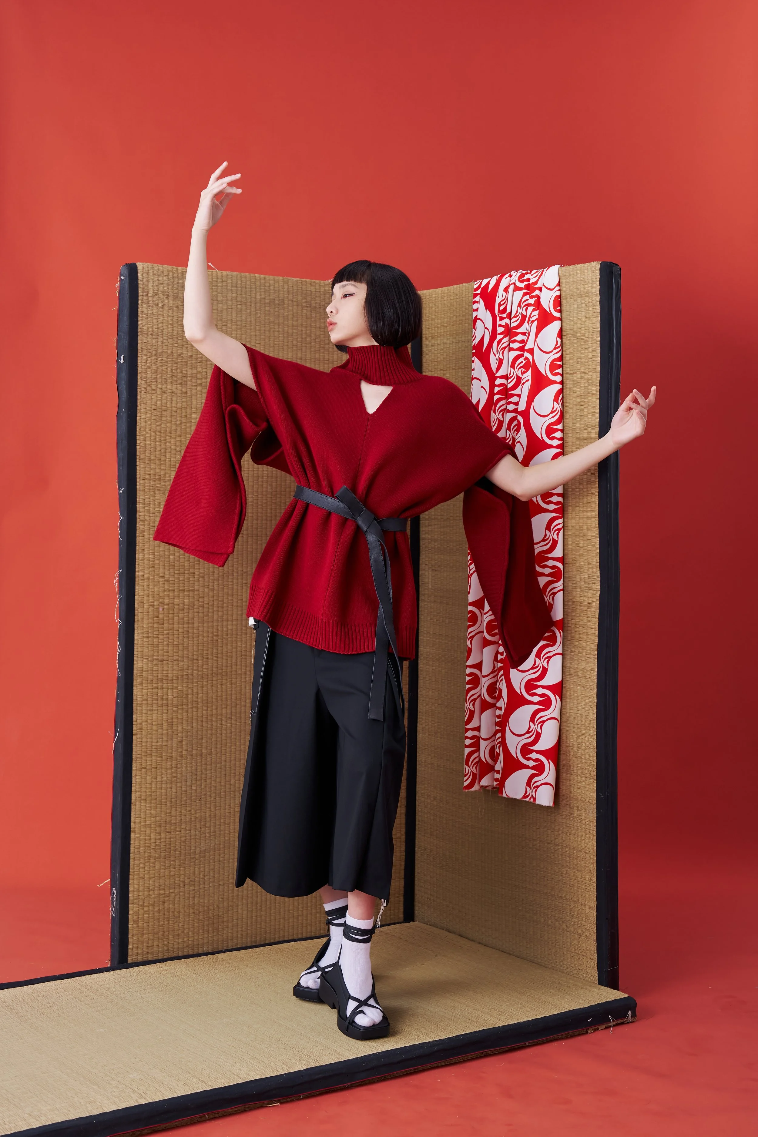 Deconstructed Kimono Sleeve Tie Sweater (Red) — INF